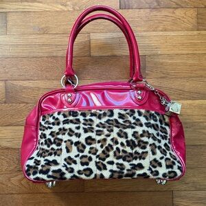 Lux de Ville vinyl red and plush leopard print purse.